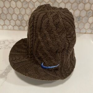 Nike Hat Youth Reversible Brown Blue Knit Sideways Rim Beanie Logo Swoosh Kids S